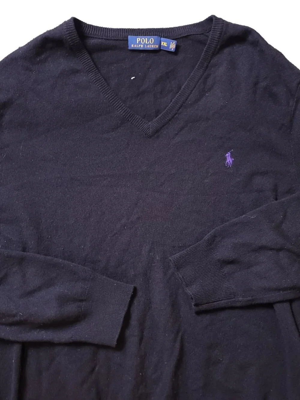 Polo Ralph Lauren Merino Wool Sweater Mens 2XL XXL V Neck Black Purple Pony